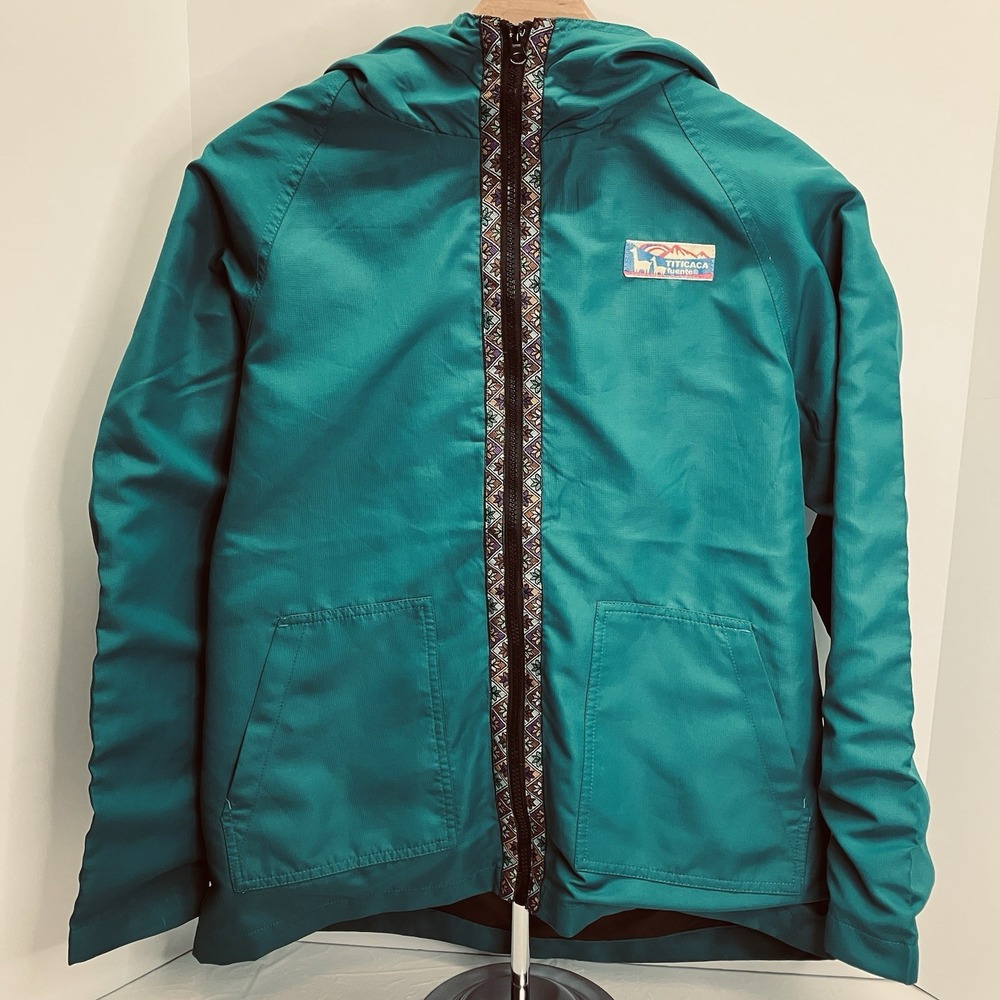 VTG Titicaca Womens Turquoise Green Fuente Aztec Hooded‎ Windbreaker Jacket M
